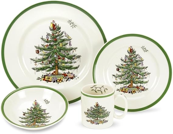 Spode Christmas Tree 4-Piece Dinnerware Setting | Fine Earthenware, Dishwasher & Microwave Safe, Holiday Tableware, Includes Plates, Bowls, Mug