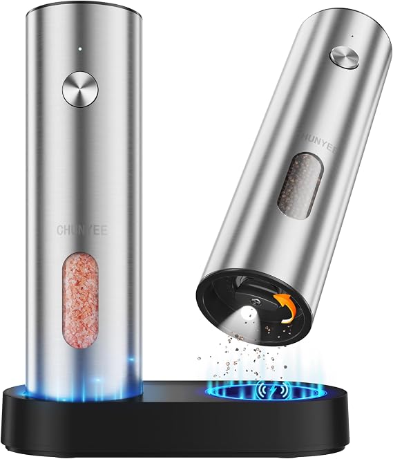 Electric Salt and Pepper Grinder Set with Rechargeable Base - Upgraded Large Capacity, Refillable Pepper Mill Set with LED Light & Adjustable Coarseness, Ideal for Kitchen, Outdoor, BBQ & Gift Giving