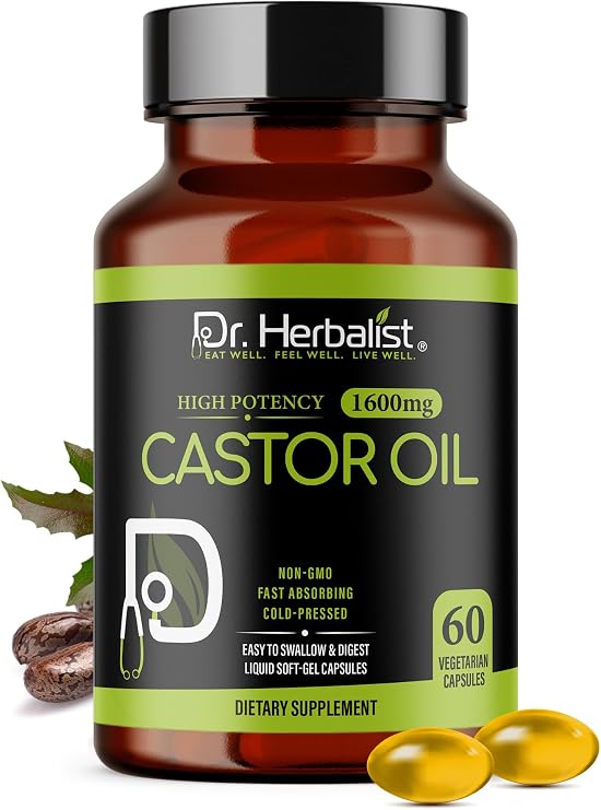 Dr. HERBALIST Castor Oil Capsules 1600mg - Cold-Pressed Ricinus Communis Seed Oil, No Fennel - 60 Easy-Swallow Vegetarian Softgels (30 Servings) - Castor Oil Pills for Hair & Skin - Halal
