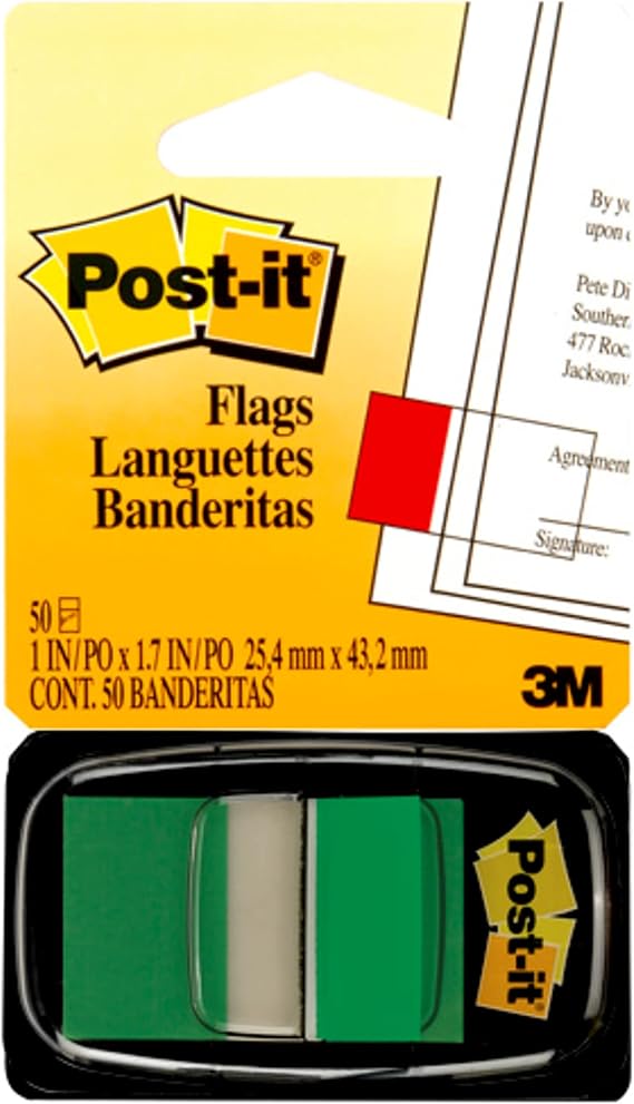 Post-it Flags, 50/Dispenser, 1 Dispenser/Pack,1 in Wide, Green (680-3)