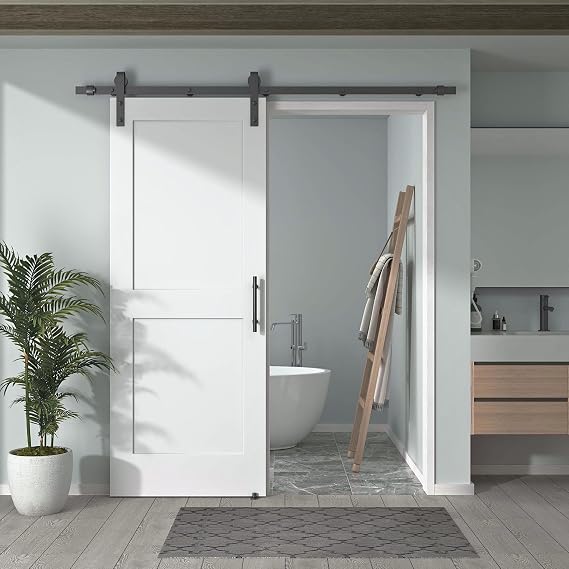 32in x 80in Pre-Assembled Sliding Barn Door with 6ft All-in-ONE Black Hardware Kit, 2-Panel Shaker Design, Solid Core, White Primed, with One-Piece Track, Includes Handle and Lock