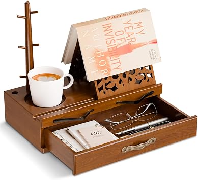 Adjustable Wooden Book Stand with Storage - Multi-Function Hands Free Book Holder for Books, Tablets & Recipes with Cup Slot, Pen Groove & Page Holder - Perfect Kitchen Counter & Gifts for Book Lovers