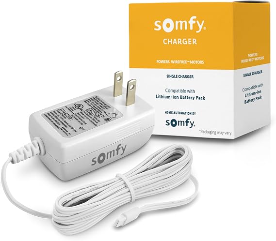 Somfy Charger for V2 Wirefree Motors Powers External Battery Pack Compatible with Sonesse 30/40 & Altus 28 3-Pin Connector LED Indicator 6-Foot Cable #9025166