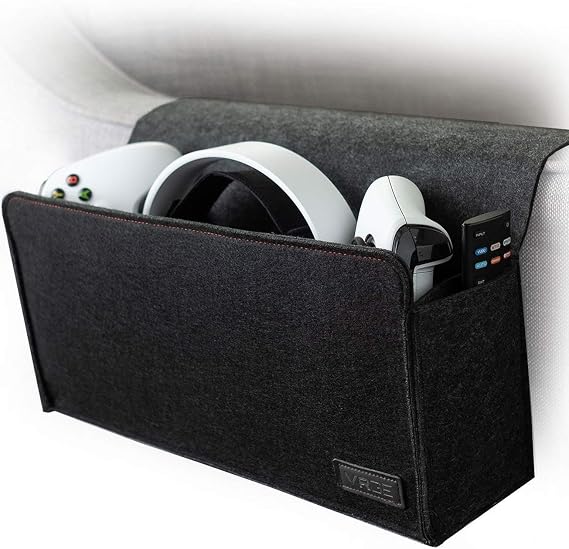 VRGE - Couch Bedside Gaming Organizer Caddy Storage Hanging Felt Mount for Game Controllers/Headphones/Meta Oculus Quest 2 VR w/Side Remote Control Holder