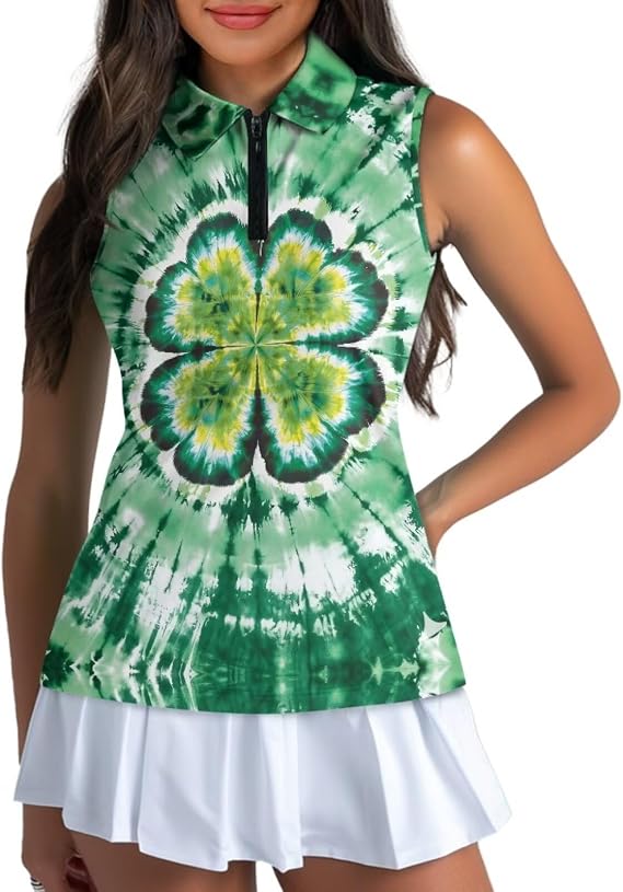 POLERO Sleeveless St Patricks Day Golf Shirt Women Collared Golf Tank Top Women Racerback Quarter Zip