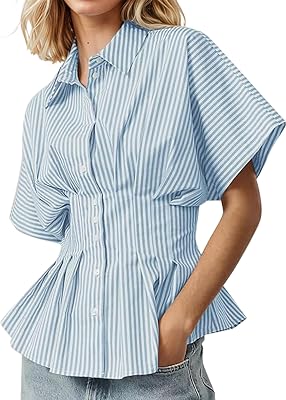 Womens Peplum Blouse Striped Button Down Shirts Short Sleeve Pleated Shirts Dressy Casual Lapel Summer Business Tops,Blue, Large