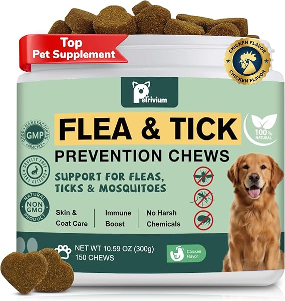 Dogs Flea and Tick Prevention Treatment Chewable, Flea and Tick Prevention for Dogs, Oral Flea Pills Treatment Support Supplement - Flea and Tick Chews - All Breeds & Sizes - 150 Ct