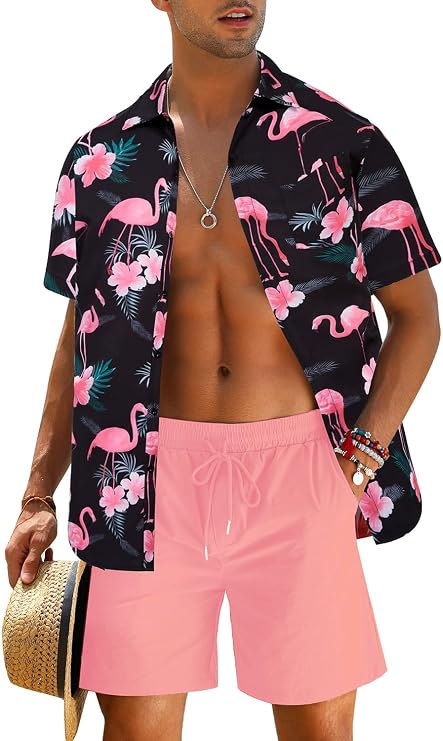 EISHOPEER Men's Flower Shirt Hawaiian Sets Casual Button Down Short Sleeve Shirt and Solid Quick Dry Beach Shorts S-3XL
