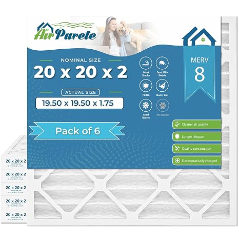 AirPurete 20x20x2 MERV 8, Pack of 6, Pleated Air Filter (MPR 700) for HVAC AC Furnace Filters, Actual Size 19.50 x 19.50 x 1.75