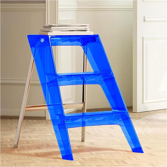 Modern Transparent Foldable Ladder, Acrylic 3-Step Ladder Step Stool, Silver Electroplated Iron Frame, Elegant Library Ladder for Modern Homes,Blue