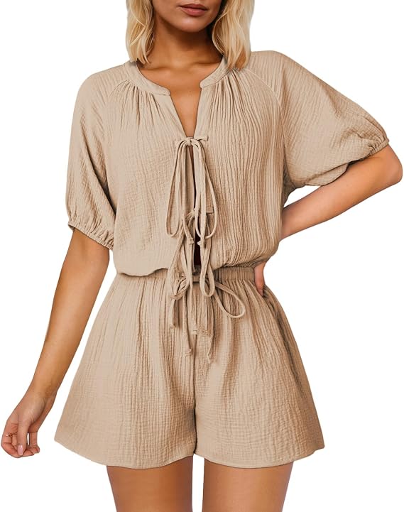 Fixmatti Women Summer Romper - Self Tie V Neck Casual Jumpsuit