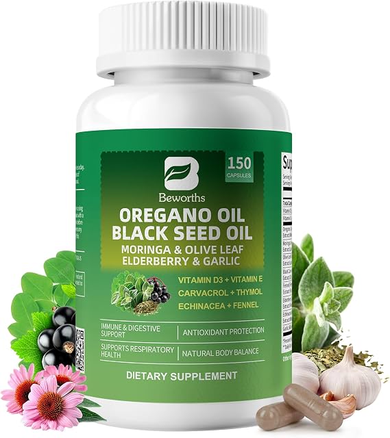 B BEWORTHS Oil of Oregano with Black Seed Oil, High Carvacrol, 150 Capsules