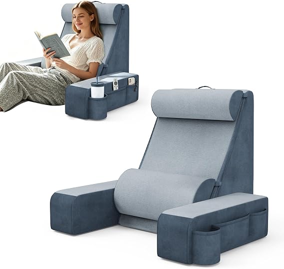Reading Pillow for Bed with Detachable Armrests, Headrest & Lumbar Support | Adjustable Headrest & Independent Lumbar Support, Dual Side Storage Pockets for Reading Gaming Nurs Sofa
