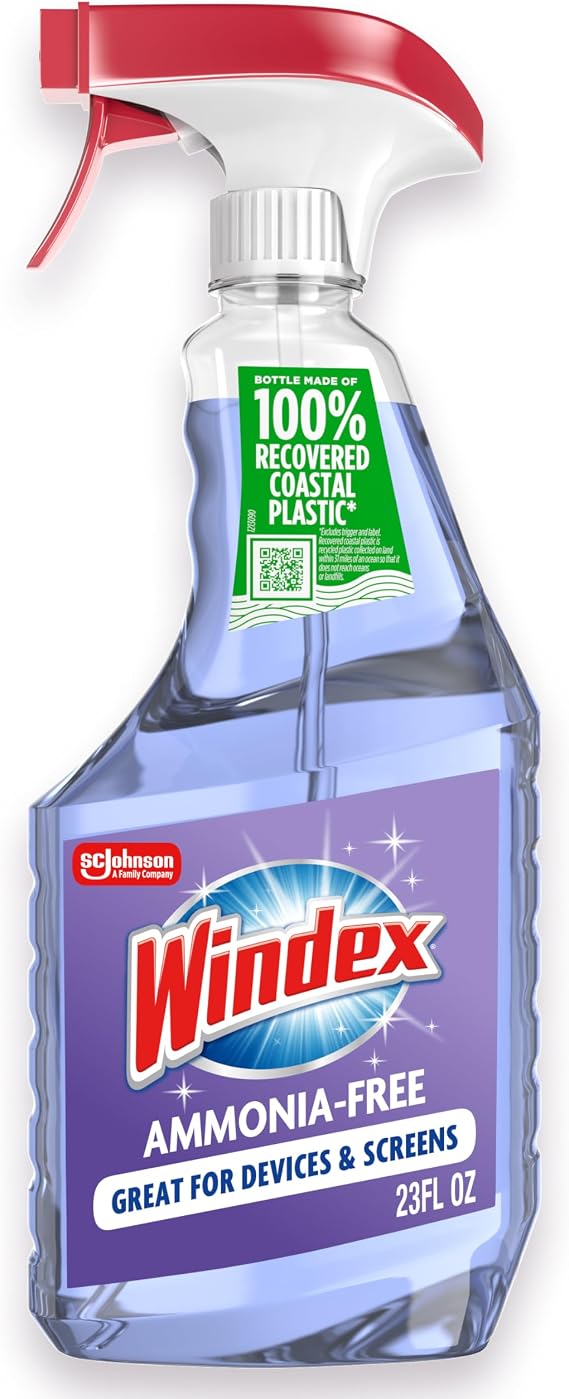 Windex Glass and Window Cleaner Spray Bottle, Ammonia Free, Bottle Made from 100% Recovered Coastal Plastic, Surface Cleaning Spray, Crystal Rain Scent, 23 Fl Oz