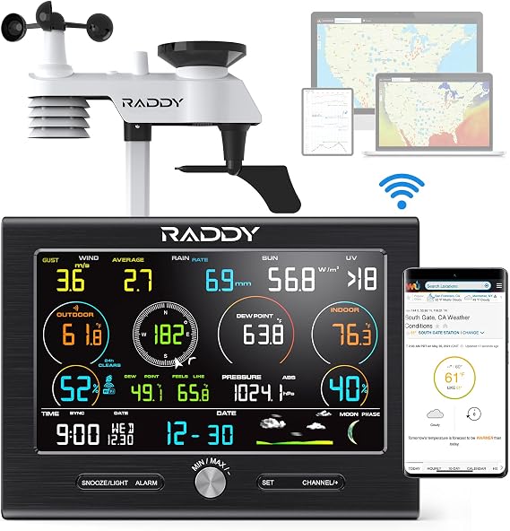 Raddy L7 LoRa Professional Weather Station 1.9 Miles Long Range, Wireless Wi-Fi Weather Station Outdoor Indoor with Rain Gauge, Wind Speed, Thermometer, Humidity for Backyard, Garden, Farm, Home | Wi-Fi connected, rain gauge, wind speed, indoor outdoor thermometer & hygrometer
