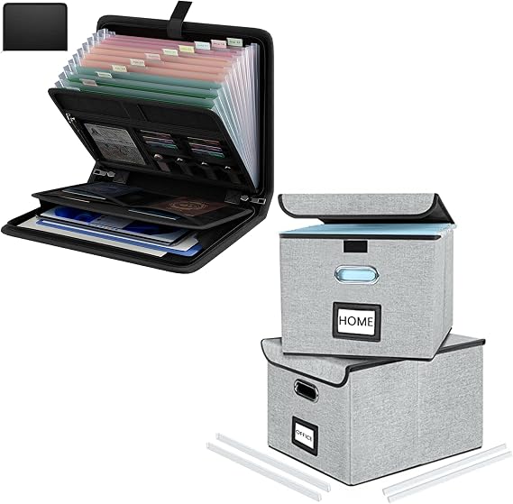 Leather Hanging File Folder Box Organizer with Plastic Slide, Decorative Home/Office Filing System Boxes for File and Folders Storage