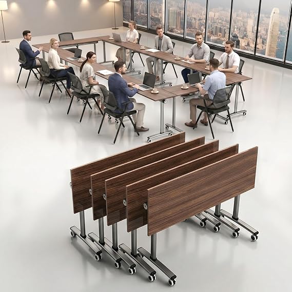 8 Pack Folding Conference Table,Mobile Foldable Training Table with Wheels,Commercial Modern Folding Office Desk for Office Classroom Seminar Conference Room Meeting Library (Walnut, 47x16x30)