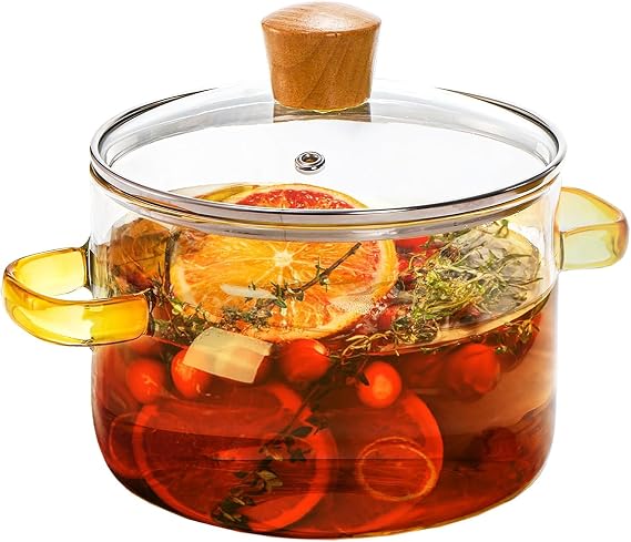 Frcctre 1.5L/50oz Glass Cooking Pot with Lid, Heat-Resistant Borosilicate Glass Simmer Pot Stovetop Saucepan with Cover for Pasta Noodle, Soup, Milk