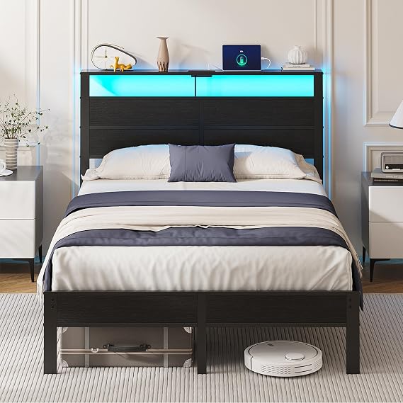 Full Size Metal Bed Frame with Storage Headboard, LED Lights | USB Charging Station, Metal Platform Bed with Sturdy Slats,Noise Free,No Box Spring Needed, Easy Assembly