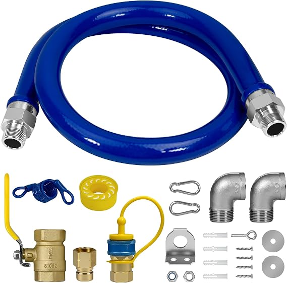 1675KIT48 Safety System Kit, 3/4'' ID, 4'' Length, Includes 2 Elbows, 3/4" Quick Disconnect Fitting, Air Hose, Full Port Gas Valve, Restraint Device,Commercial Gas Hose Fitting Kit,Blue.