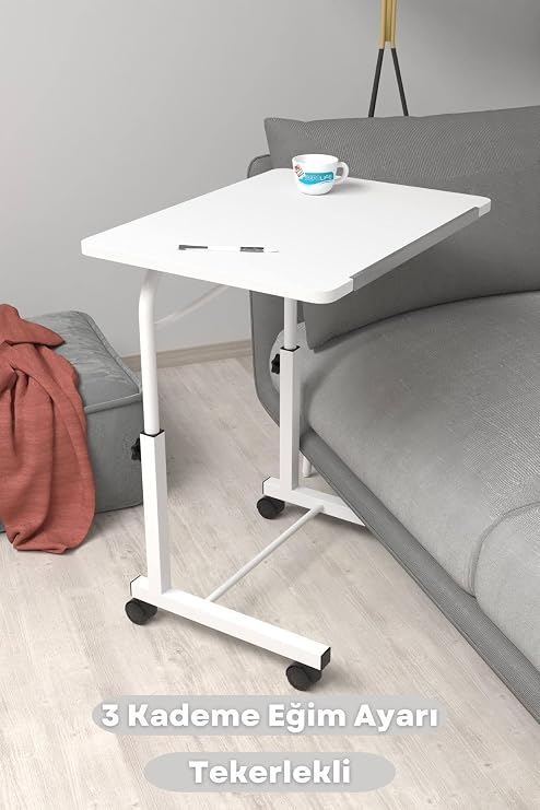Depolife Eğim Yükseklik Ayarlı Laptop Sehpası Kahvaltı Ders Çalışma Bilgisayar Masası Metal Ayak Tekerlekli, tekerlekli-eğimli-beyaz-beyaz