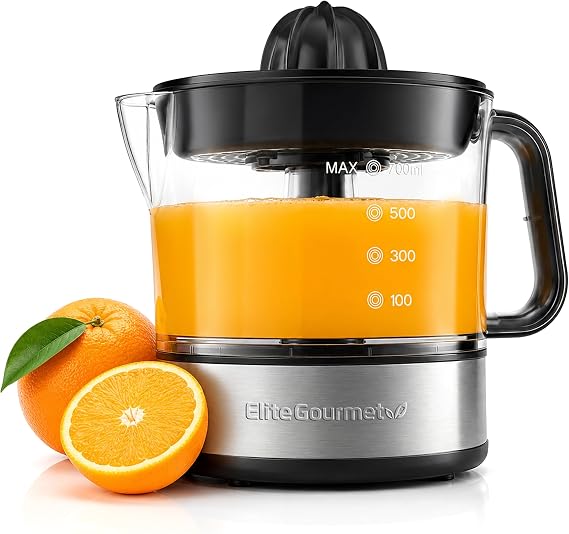 Elite Gourmet ETS623 Electric Citrus Juicer, 24 oz, Black/Stainless Steel | BPA-Free 40-Watt motor, compact large-volume pulp control - juices oranges, lemons, limes & grapefruits, easy-pour spout