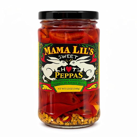 Mama Lils Sweet Hot Pickled Peppers, 12 oz Sweet & Spicy Hungarian Goathorn Peppers in Savory Garlic Herb Brine Gourmet Sandwich, Salad & Charcuterie Topping Locally Grown