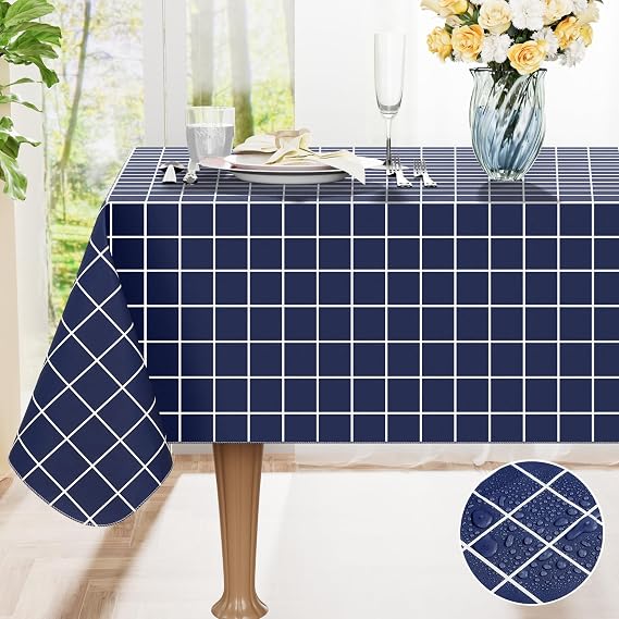 Round Table Cloth, Waterproof Plastic Tablecloths with Flannel Backing, Wipeable Vinyl Plaid Table Cover for Dining, Indoor and Outdoor (52"x70", Navy)