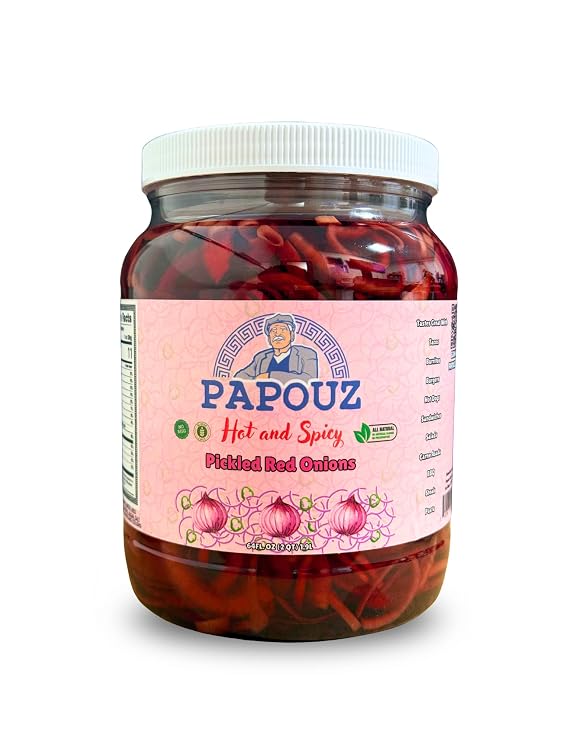 Pickled Red Onions, Hot and Spicy, 64 FL OZ, Jalapenos, All Natural, Low Calorie, Gluten Free, Fat Free, No Preservatives, Low Sugar, Pickled Vegetables, Premium Pickled Red Onion and Jalapeno Blend, Snack, Side Dish, Topping Made by Papouz