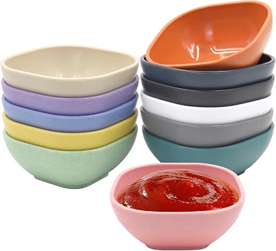 12 Pcs Square Soy Sauce Dish Sauce Bowls, 4.8 Oz Dipping Bowls, Multicolor, Plastic, Modern, Contemporary Style, Unbreakable, Microwave Safe