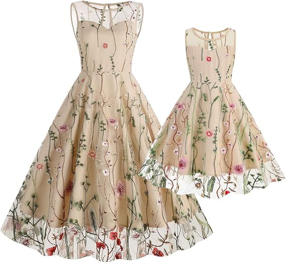 Mommy and Me Matching Floral Dresses Mom and Daughter Mesh Flower Embroidered Dress Women Girls Summer Tulle Embroidery Dress
