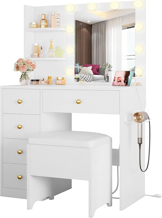 IRONCK Vanity Desk with Mirror and Lights, White | Small Makeup Vanity Table, 5 Drawers, Power Outlet, Vanity Stool Included, 3 Lighting Colors