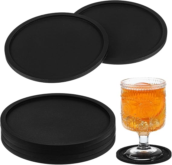 Coasters Set of 4 Black Coasters Silicone for Drinks Washable Heat Resistant Durable Non-Slip Round Cup Mats for Coffee Table Wooden Desk Kitchen Bar