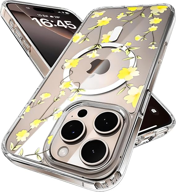 Minesk iPhone 15 Pro Max için Flower Serisi Magsafe ile Uyumlu Göz Alıcı ve Şık Tasarımlı Çiçek Desenli Silikon Kılıf Kapak (Yellow, 15 Pro Max)