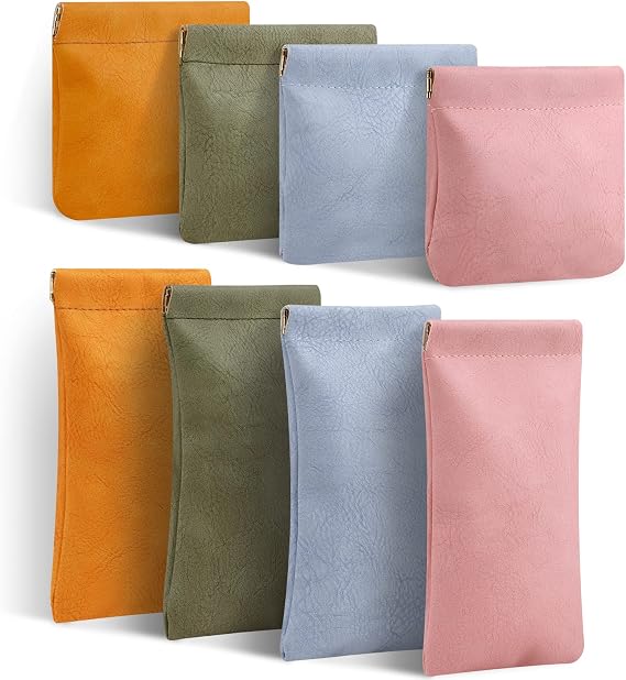 RETON 8 Pcs Small Makeup Bag for Purse, Waterproof Portable Pocket Cosmetic Bag with 7" Squeeze Top Glasses Case, No Zipper Self-closing Makeup Pouch Mini Coin Purse Jewelry Pouch for Women