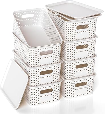 Plastic Storage Basket with Lid, Stackable Small Box Bins for Organizing and Containers for Shelves Drawers Desktop Closet Playroom Pantry Classroom Office Home, 8 Pack 10.2x7.2x4.1 Inch, White