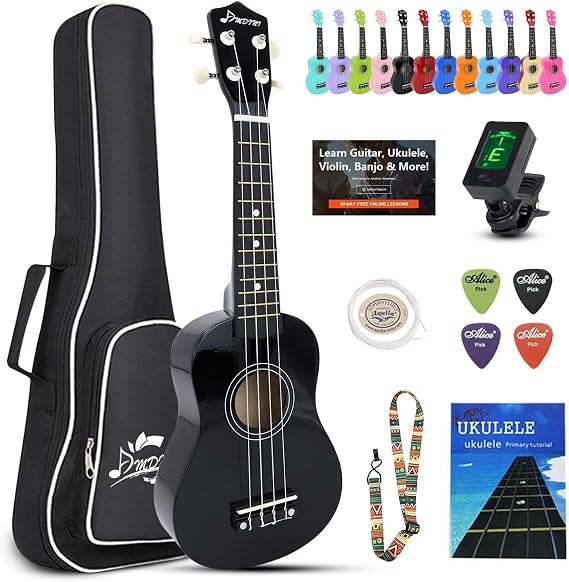 Soprano Ukulele for Kids 21 Inch Hawaiian Wood Ukelele Beginner Kit | Incl. Online Lesson Gig Bag Strap Nylon String Tuner Picks - Black Adult Starter Ukalalee Set Student Ukalelee Christmas Gift