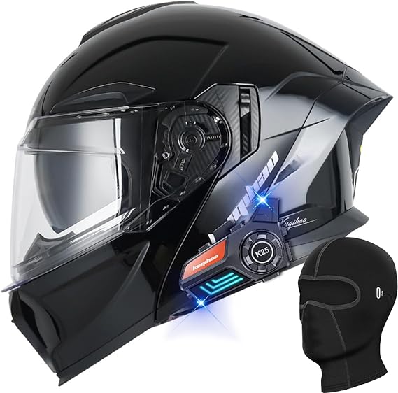Bluetooth Modular Motorcycle Helmet Adults Motorbike Helmet with Dual Visor Full Face Helmet Flip Up DOT Approved Motorbike Motor Street Bike Racing Helmet(BRIGHT BLACK,XL=(61-62CM))