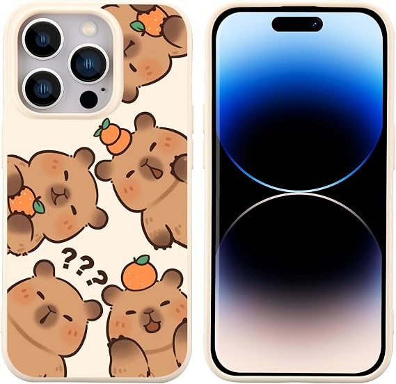 JOYLAND Cute Orange Capybara Pattern Phone Case for iPhone 14 Pro,Kawaii Printed White Liquid Silicone Case Soft Shockproof Protection Shell with Soft Microfiber Lining for Girls Women