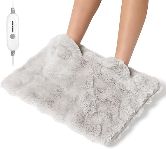 Electric Foot Warmer, Luxury Faux Fur Heating Pad for Feet Pain Relief Cramp, Heated Foot Warmer for Under Desk & Bed with 3 Heat Settings & 2H Auto-Off, ETL Certified, 16x22 Inch, Light Grey