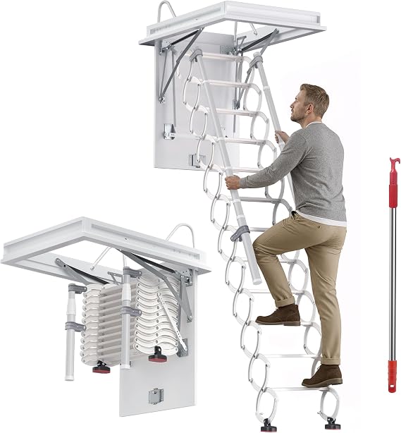 Ceiling Mounted Attic Ladder, Retractable Pull-Down Loft Stairs System, 12-Step Hidden Folding Attic Ladder with Handrail, 31.135 Inch Opening 0i12