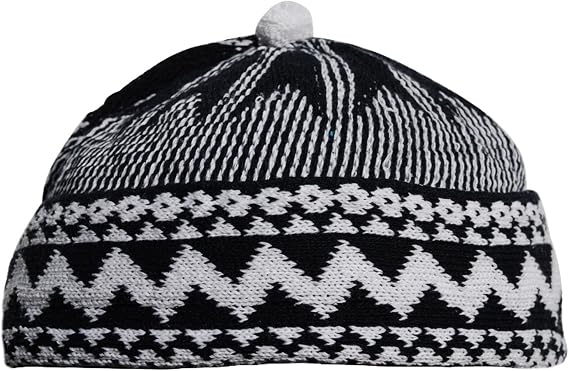 Indigo Blue Zigzag Design Muslim Beanie Kufi Hat Crown with White Ball - Stretchable Onesize Hat