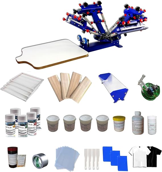 Screen Printing Materials Kit & 4 Color 1 Station Screen Press for Beginners