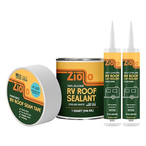 Ziollo RV Roof Small Repair Kit - Roof Repair Kit to Seal and Waterproof, Bond to EPDM Rubber with Sealant (1 Paintable Tape, 2 pk Caulking, and 1 Quart Silicone)