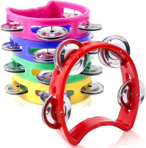 Vmiapxo 5-Pack Colored Tambourines for Kids | Plastic Hand-Held Tambourine with 4 Metal Jingle Bells, Mini Percussion Instrument, for School Music Class, Party, Carnival