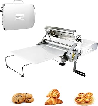 Folding Dough Sheeter (12"), Folding Dough Rolling Machine, Foldable Hand Crank Stainless Steel Adjustable Thickness 0.2-27mm, Manual Dough Sheeter for Croissants & Pizza, for home and commercial use