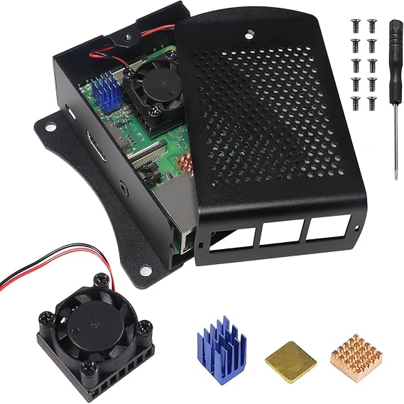 for Raspberry Pi 3 Metal Case for RPi 3 Aluminium Case Protective Shell Box Wall Mounted Enclosure with Dual Cooling Fan Heat Sink for Raspberry Pi 3 B+ RPi 3 RPi 2B+ RPi 2 B Black