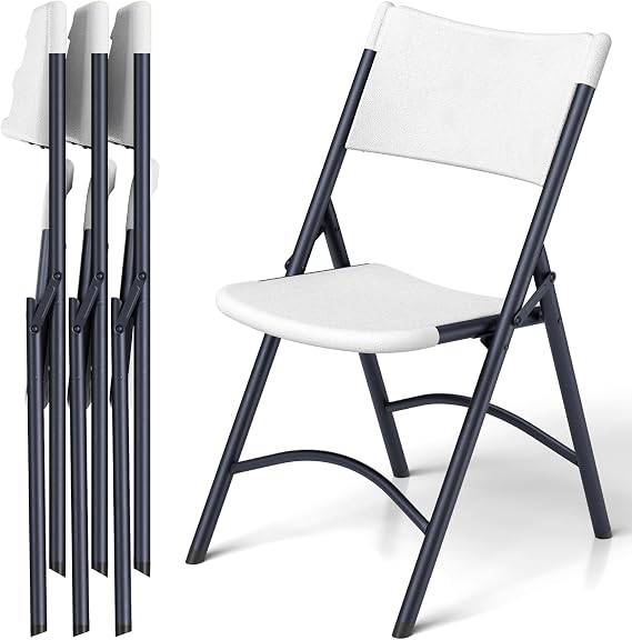 Folding Chairs 4 Pack, Outdoor Portable Foldable Chair with Steel Frame, 500lbs Capacity Heavy Duty Metal White Plastic Folding Chairs for Patio, Picnic, Kitchen, Dining