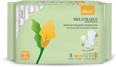 uNeat Ultra Thin Breathable Feminine Pads with Wings for Women, Odor-Neutralizing Tech, Unscented, Heavy, Extra Heavy Absorbency, Overnight 2X Long, 8 Count