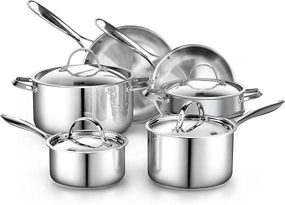 Cooks Standard Classic Stainless Steel Cookware Set 10-Pieces, 18/10 Stainless Steel Pots and Pans Kitchen Cooking Set, Silver